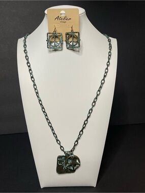 Green Patina Peace Sign Necklace & Earrings Set